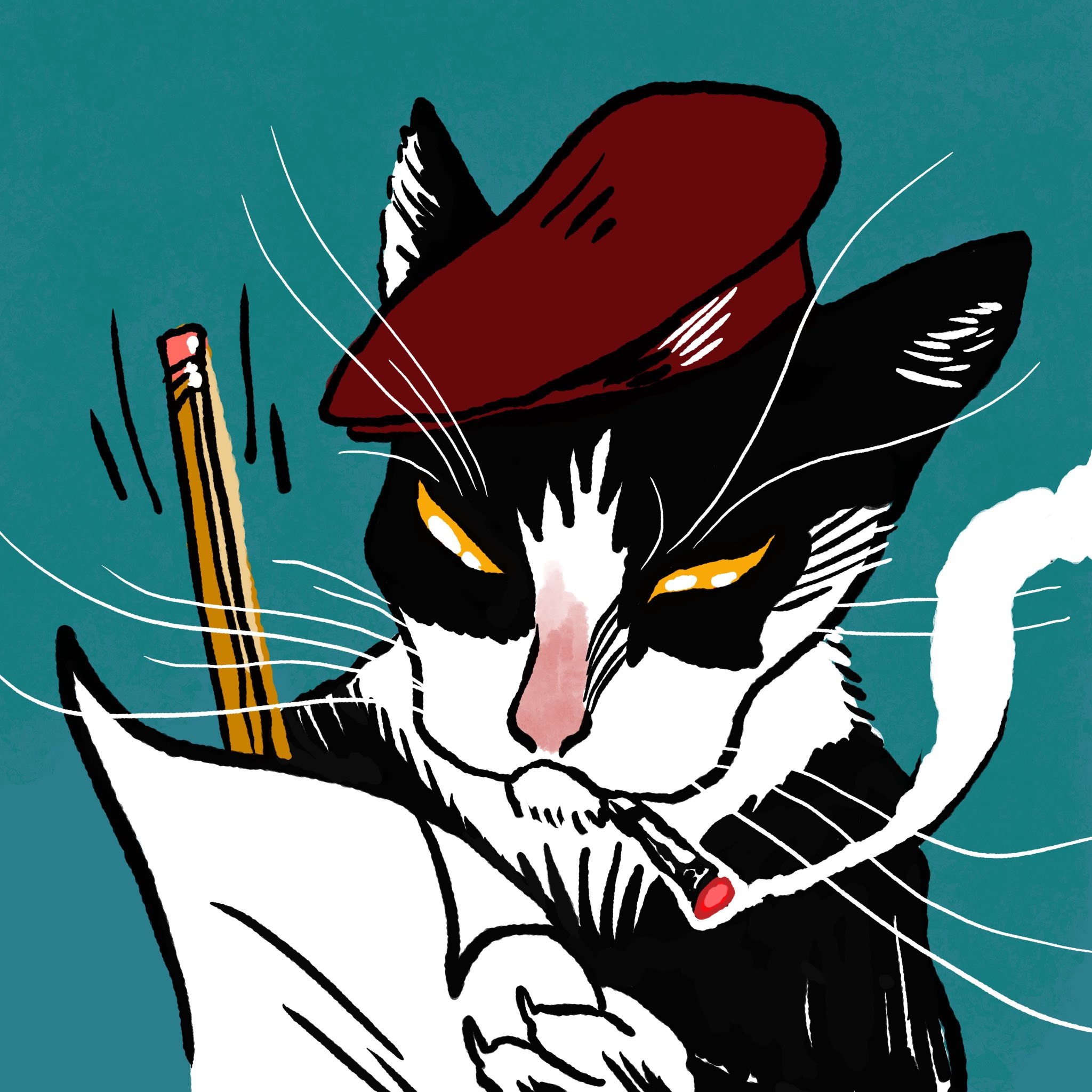 A revolutionary cat in a red beret smoking a cigarette and writing with a pencil