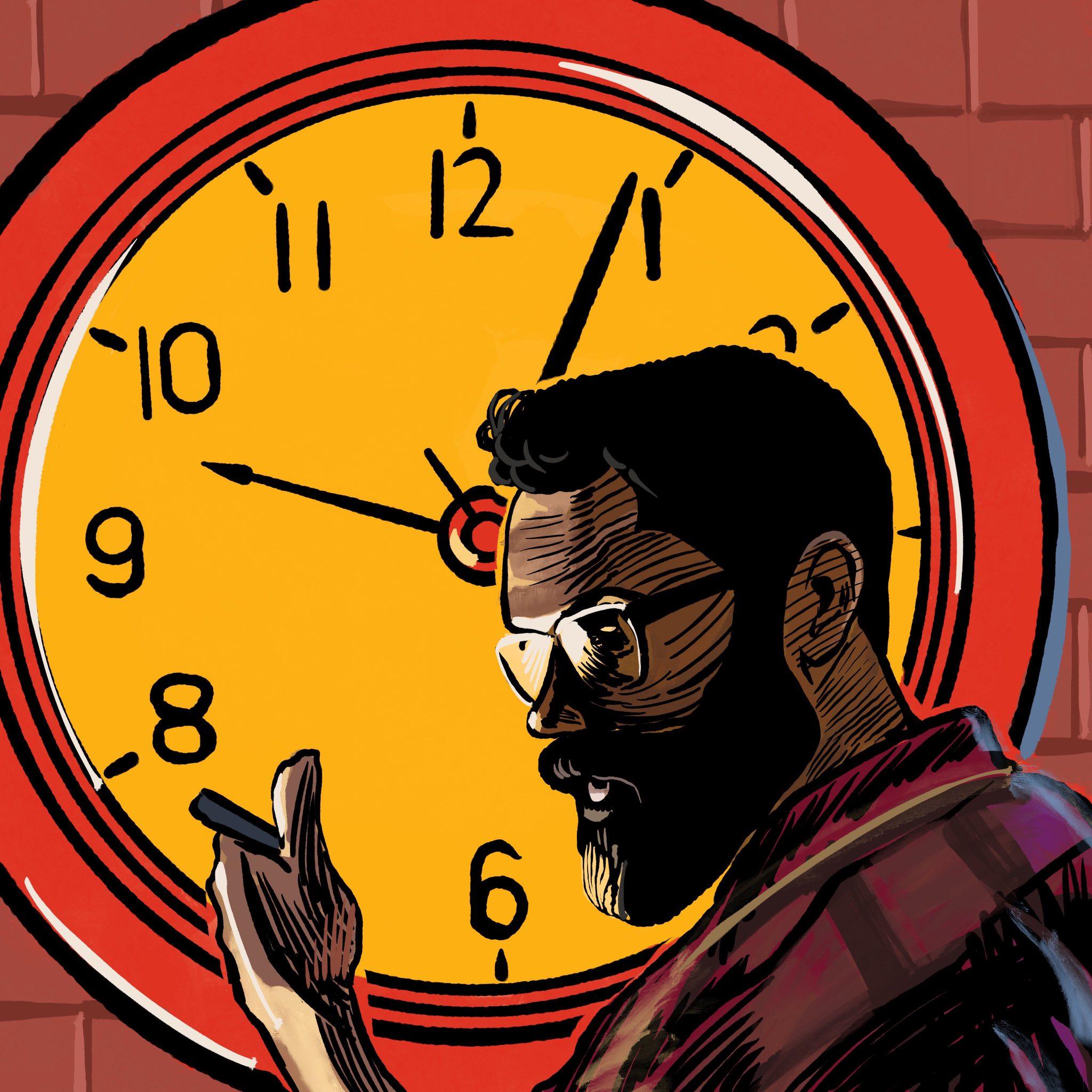 Bearded profile of Comrade Sylveste standing in front of a clock